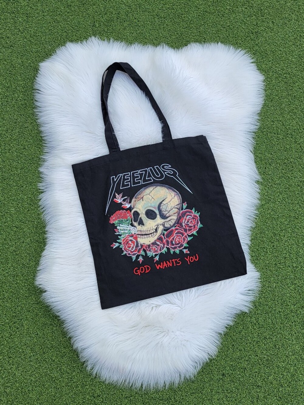 YEEZUS V.I.P. Black Skull & Roses Tote Bag